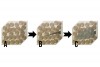 Fig 4. (A) Zirconia with all tetragonal grains (red spheres); (B) Crack starts in zirconia; (C) Local grains of zirconia transform into larger monoclinic grains (blue spheres) to compress the crack.